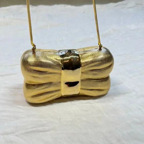 Vintage Saks Fifth Avenue Italy Bow Clamshell Gold Clutch Evening Bag - Picture 2 of 11
